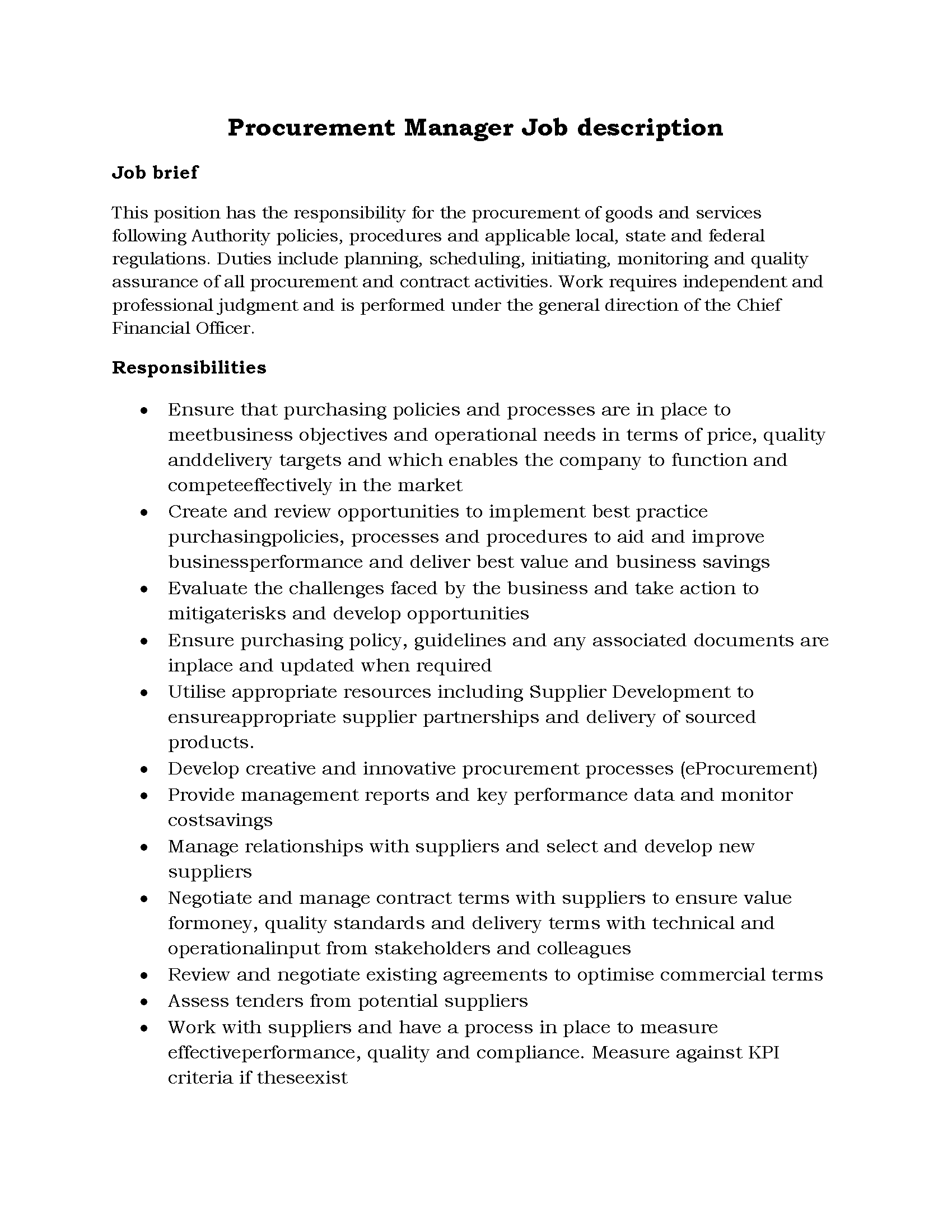 91-Procurement Manager Job description